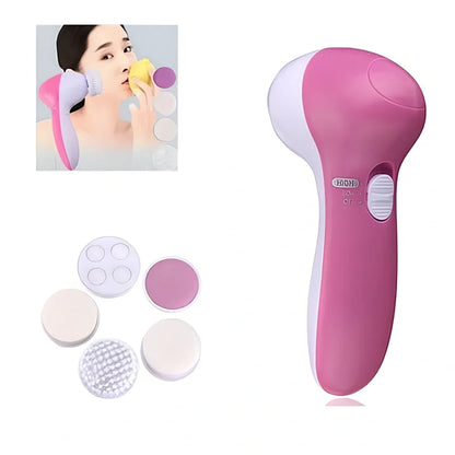 Pink electric facial cleanser device 130mm long with 5 attachments for pore cleaning and blackhead removal, battery operated