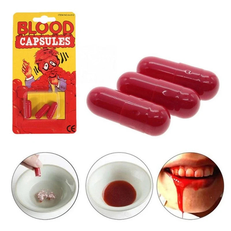 Fake blood pills for Halloween and theatre effects, safe and easy to use