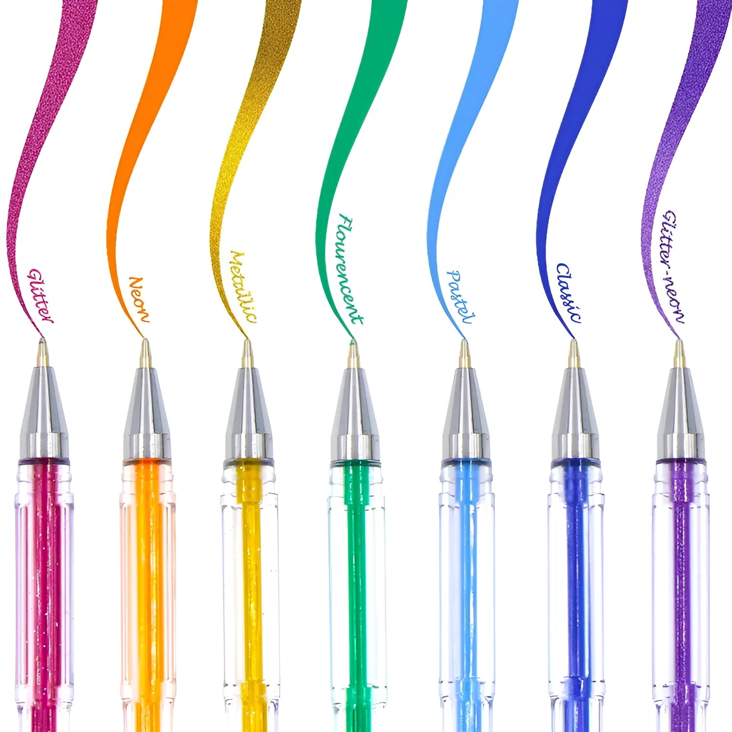 100 colour plastic gel pen set with fine and broad tips on a white background.