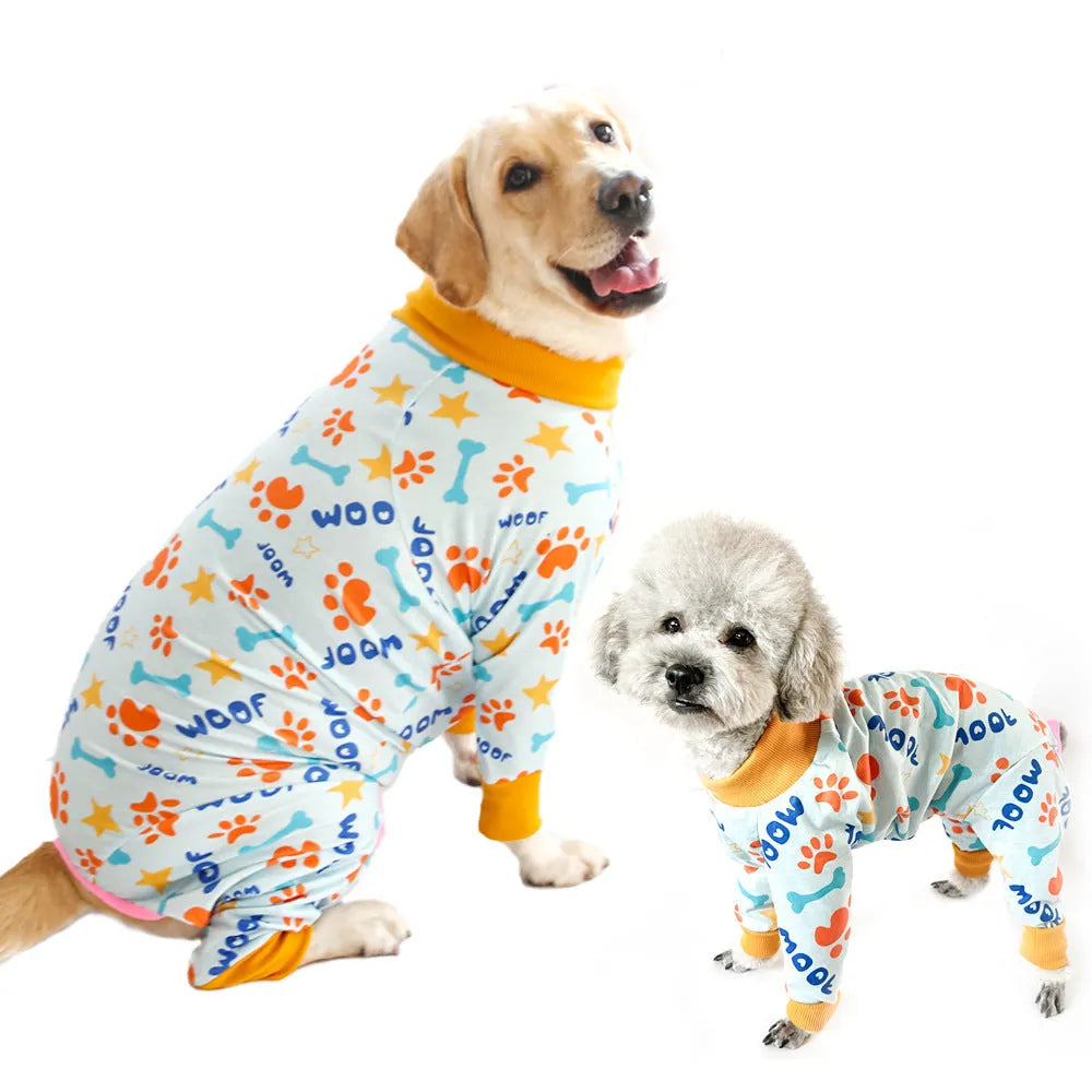 Cotton dog jumpsuit with four-legged design and long sleeves in cute print pattern