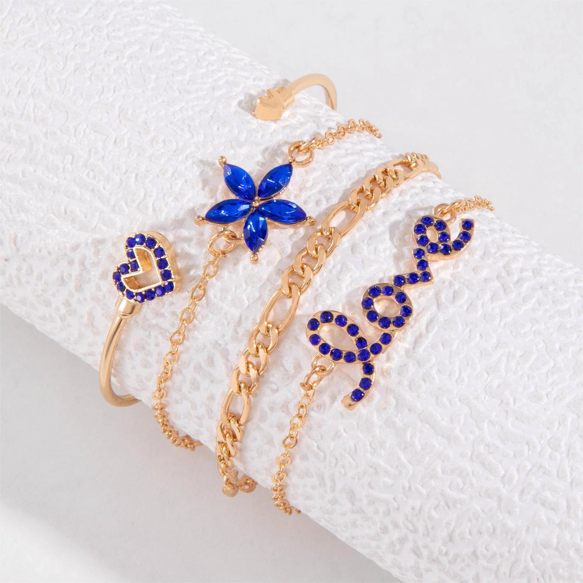 4-piece blue flower and butterfly bracelet set with rhinestones for Valentines Day