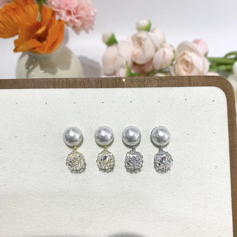 Micro inlaid square diamond pearl stud earrings for women in gold finish