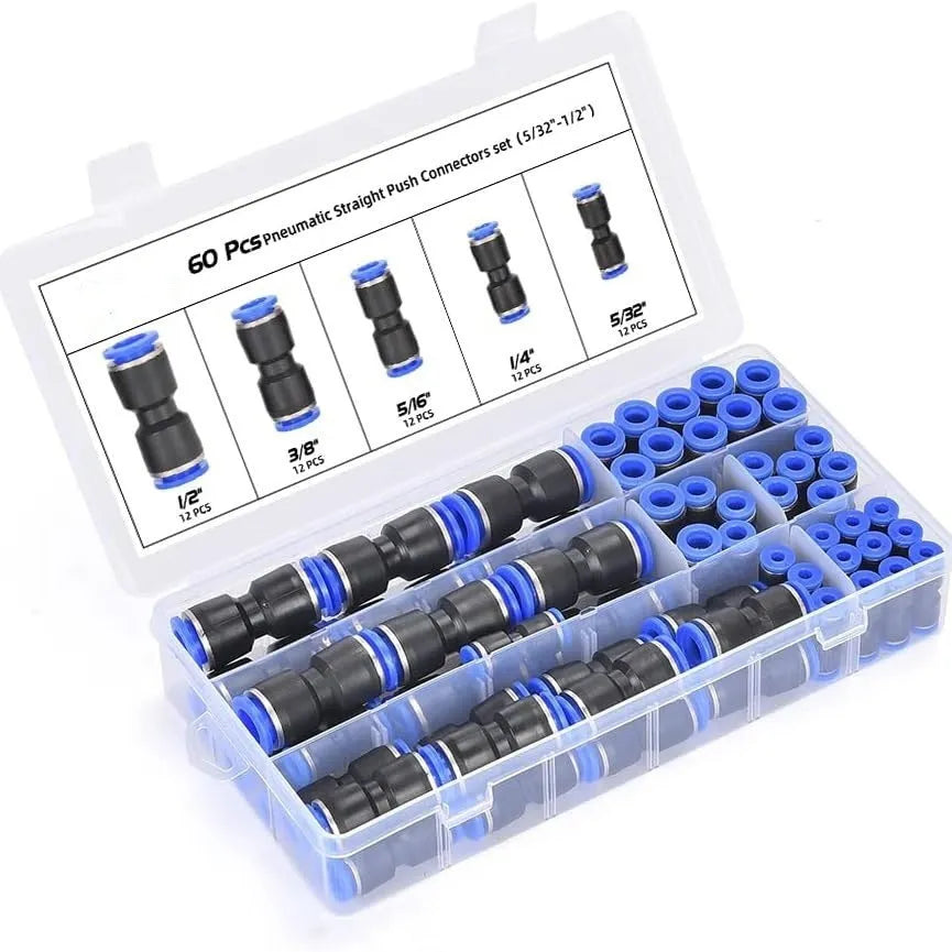 60-piece pneumatic quick connector set showing push-in fittings with R1/4 and R1/2 inch threads