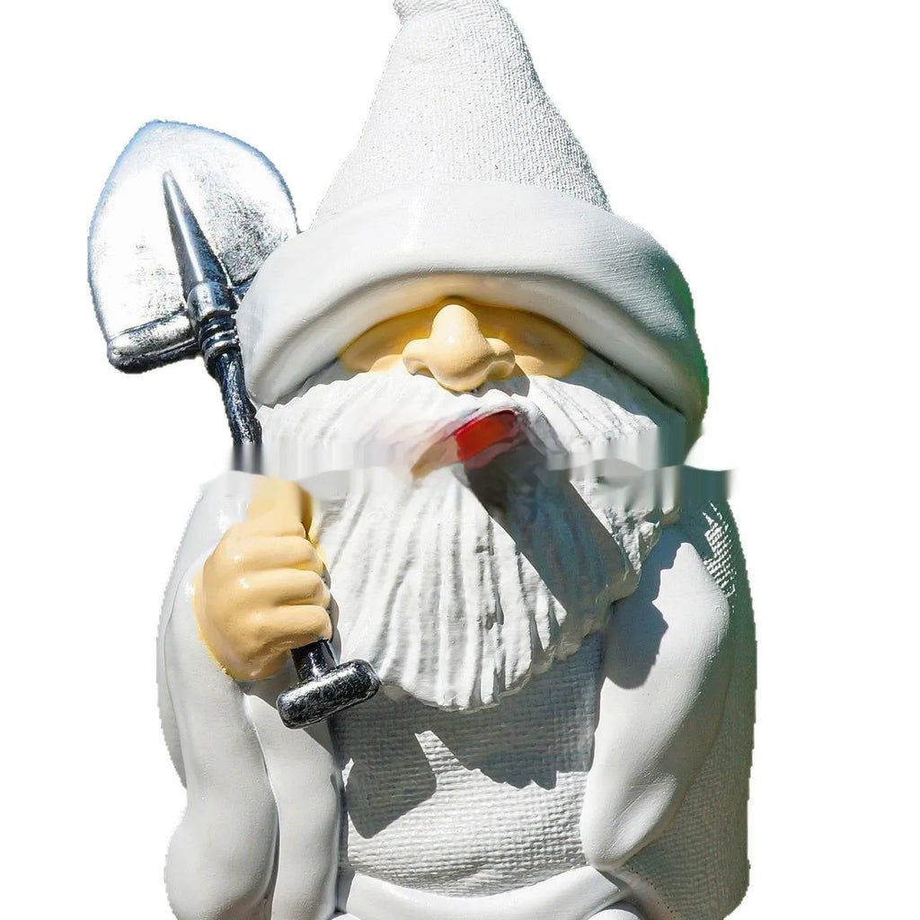 Resin Christmas ornament depicting dwarf character holding smoking pipe and shovel