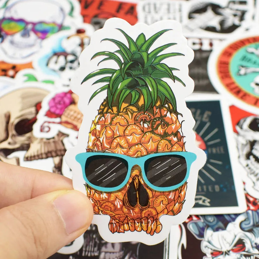 Skull head doodle sticker set of 50, PVC, waterproof, die-cut, multi-colour on white background