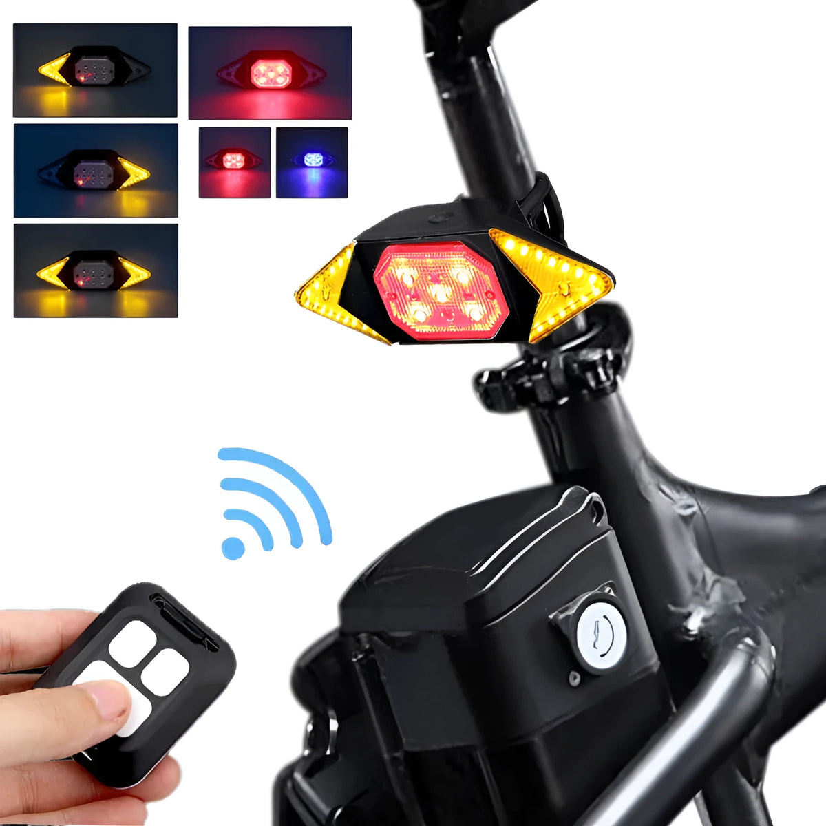 USB rechargeable bicycle turn signal LED light black with remote control mounted on handlebars