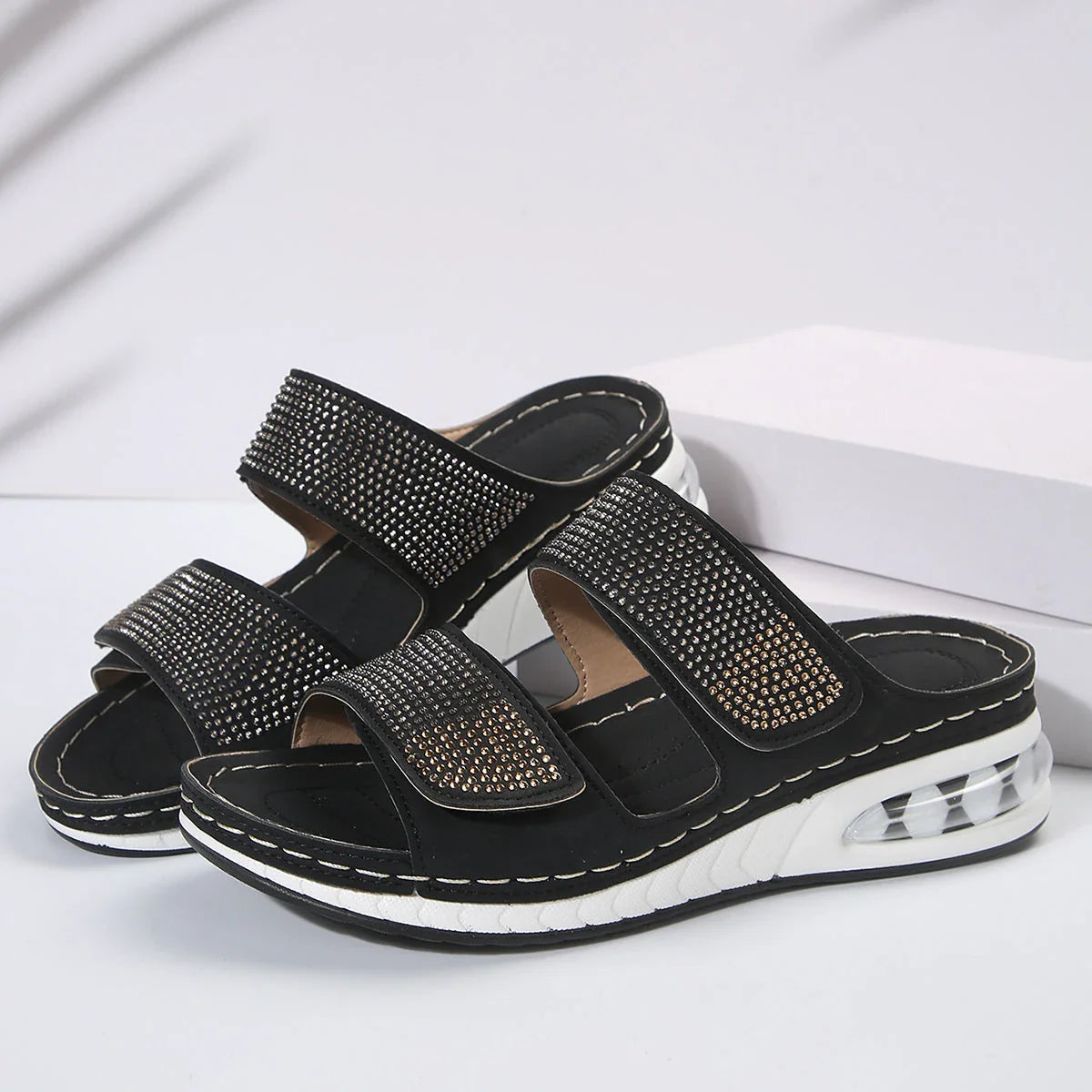 Premium rhinestone sandals with cushioned soles for women in various colors and sizes