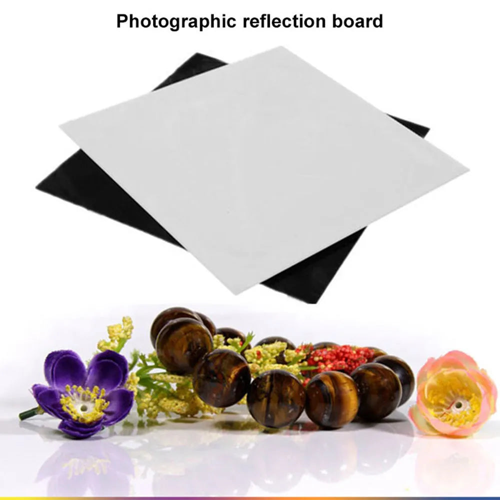 Black and white square acrylic reflection boards for tabletop product photography in three sizes.