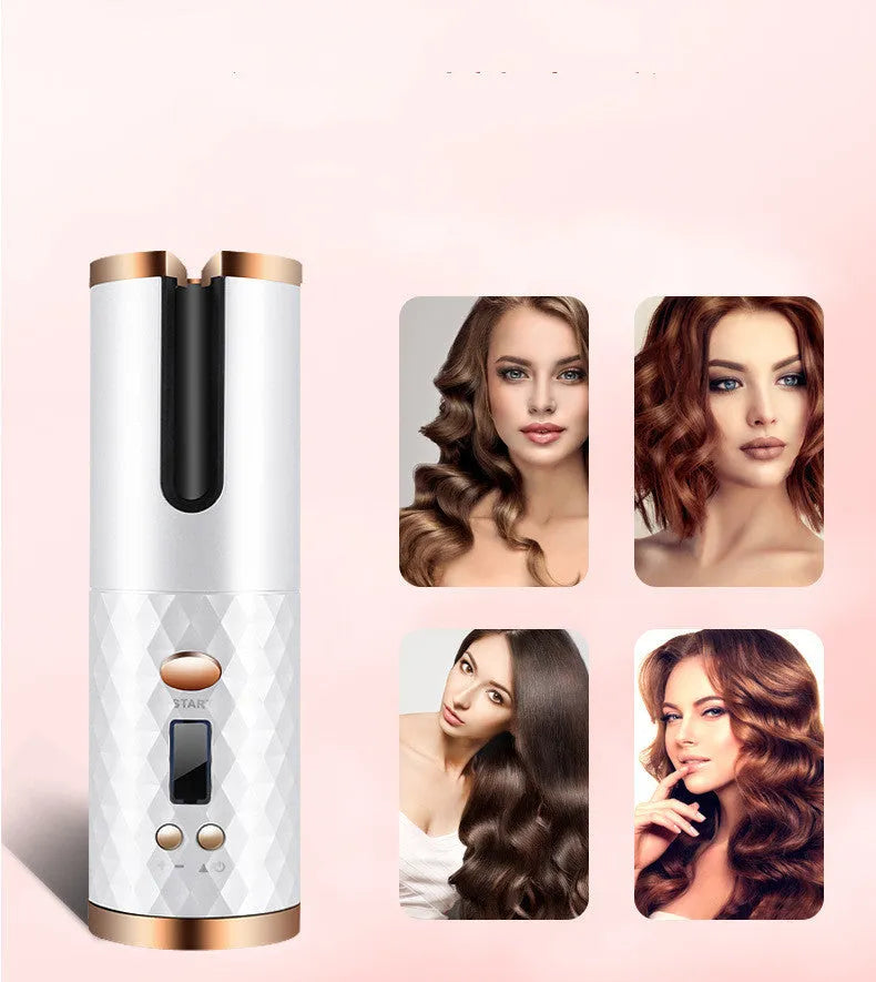 Cordless automatic hair curling iron with LCD display in pink, black, white, or pink-grey colour.