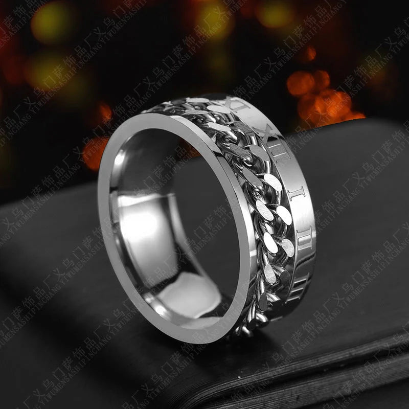Roman Letter Rotatable Chain Ring with built-in bottle opener in titanium steel