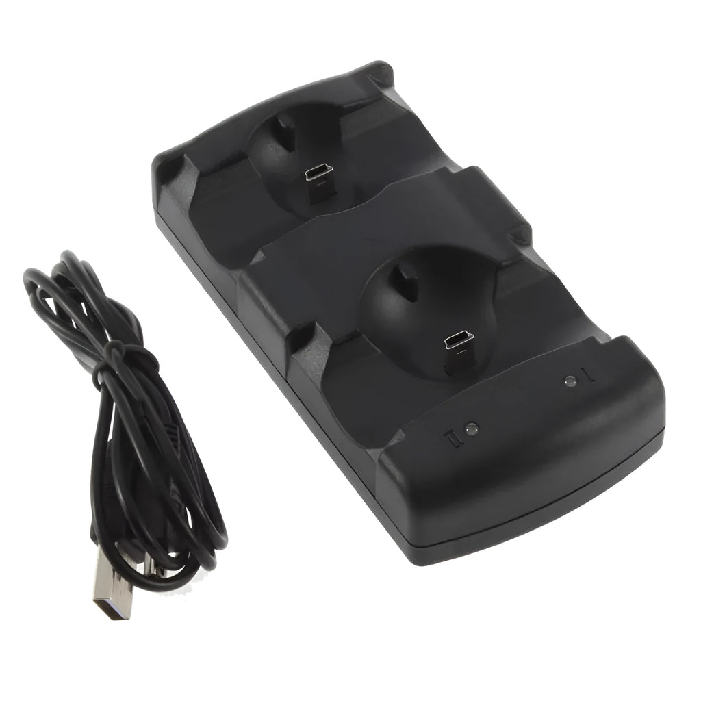 Black PS3 dual charging dock with two controller slots and USB cable