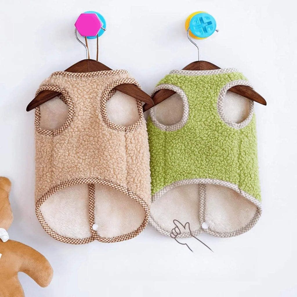 Green thickened coral fleece dog vest with leash ring on a small dog