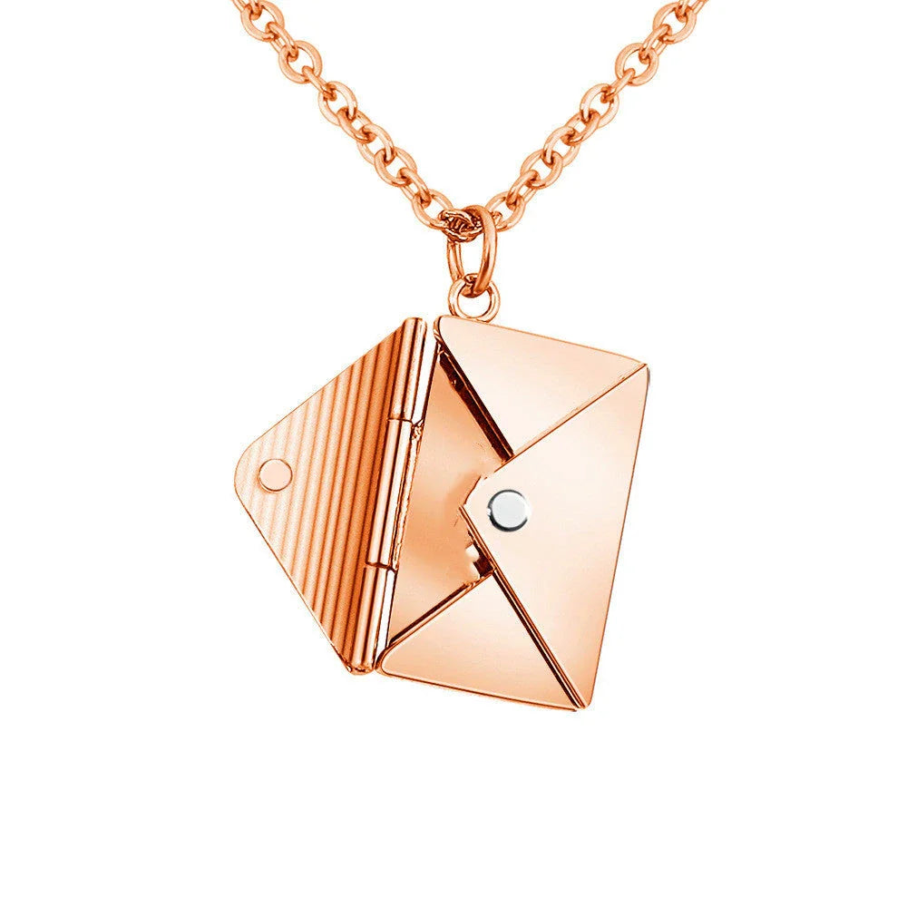 Elegant titanium steel envelope-shaped pendant necklace in silver, rose gold, and gold colors