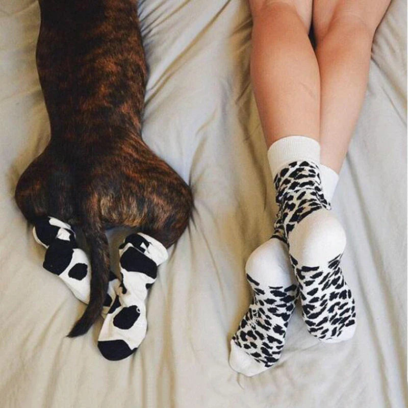 Leopard Dalmatian Black White Cotton Crew Socks with unique print for EU sizes 35-42