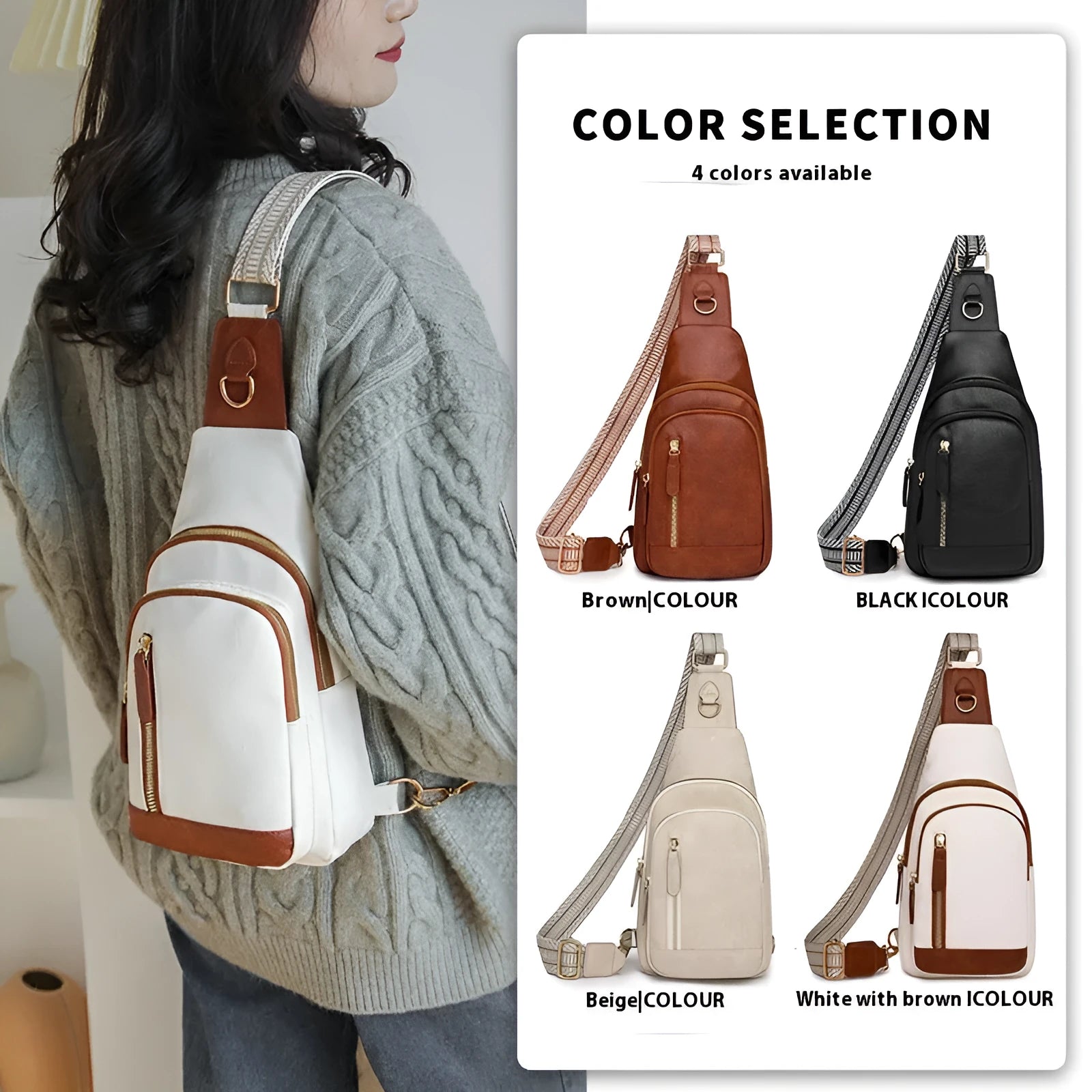 Soft brown PU leather women's crossbody messenger bag with an open front pocket and strap.