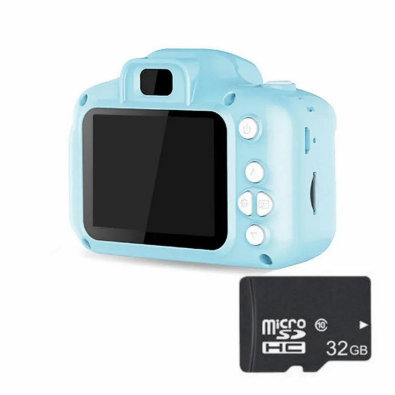 Children's HD digital waterproof camera with 2.3 inch LCD screen in blue, showing front view with lens