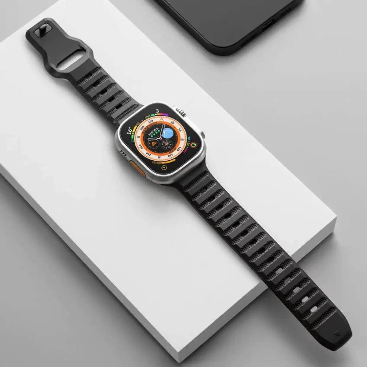 Fluoro rubber Apple Watch replacement strap with T buckle clasp in multiple colours.