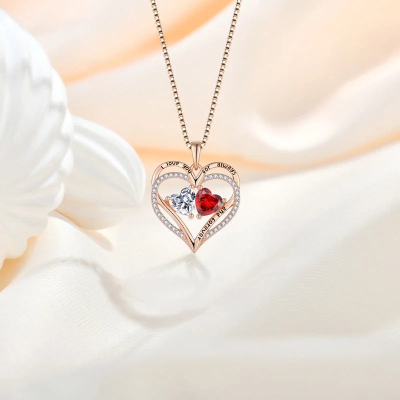 S925 Silver Double Love Necklace with heart-shaped design and rhinestones