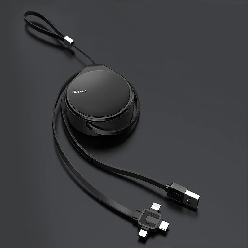 Telescopic three-in-one fast charging data cable shown extended to 1 metre length with three connector types visible
