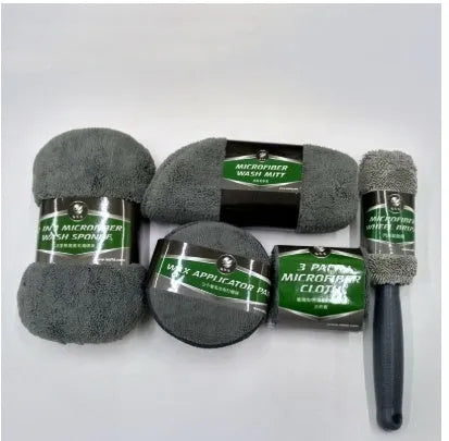 9-piece car wash cleaning kit with tyre brush, microfibre towels, sponge, glove, and waxing cakes in grey and orange