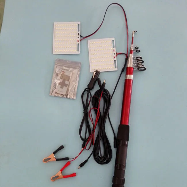 White LED fishing rod light unit with telescopic pole and remote control for outdoor use