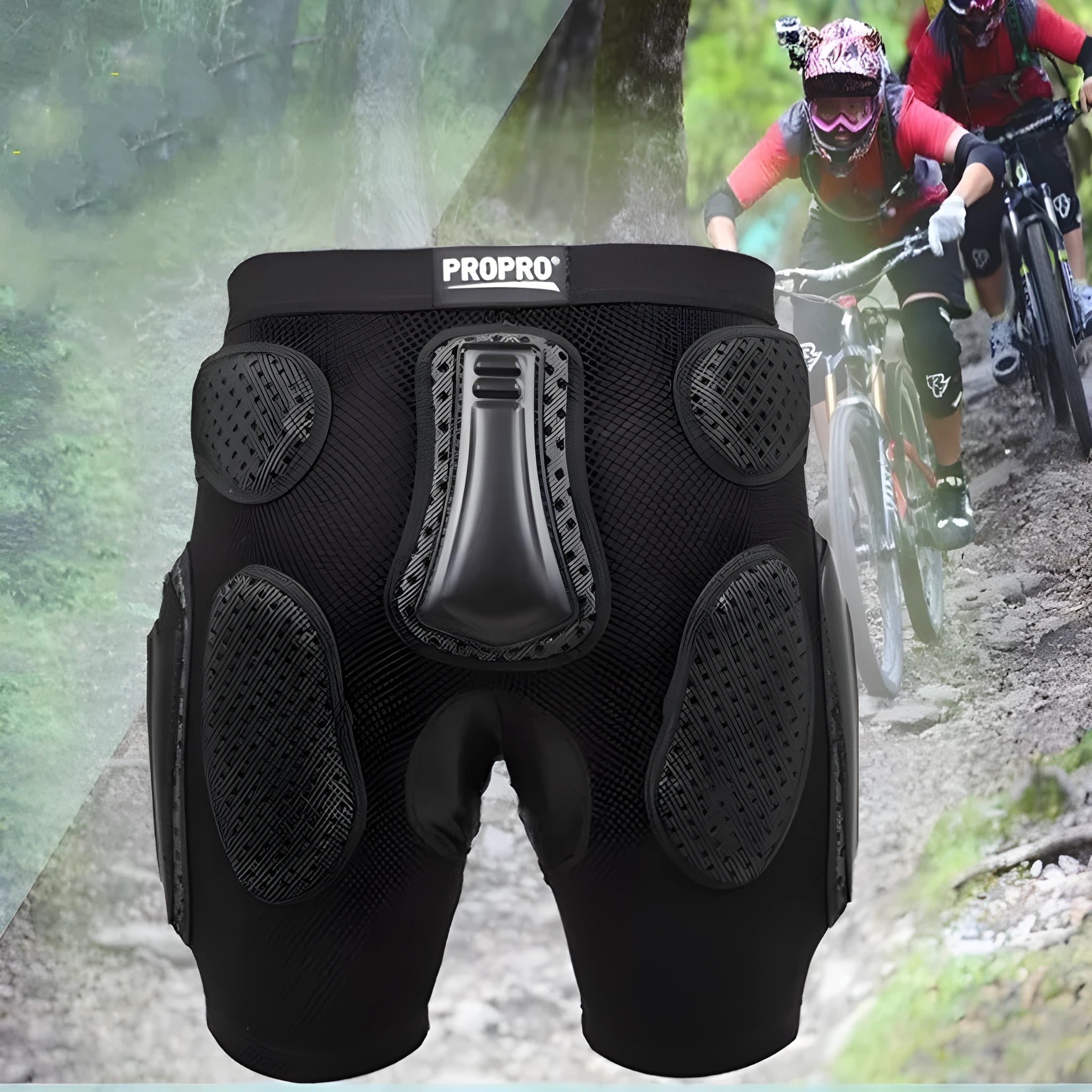 Black cycling hip pad protection pants showing hip guard area and size options S M L XL