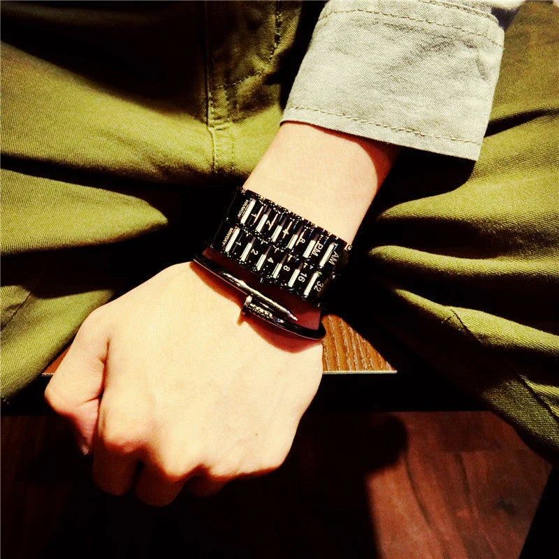 LED digital wristwatch with alloy strap in silver and black options