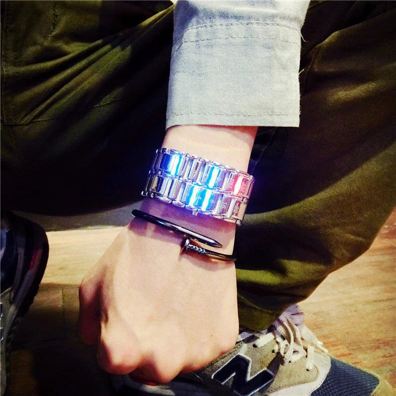 LED digital wristwatch with alloy strap in silver and black options