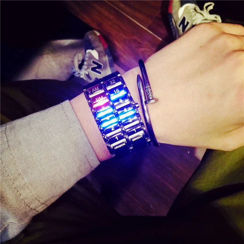 LED digital wristwatch with alloy strap in silver and black options