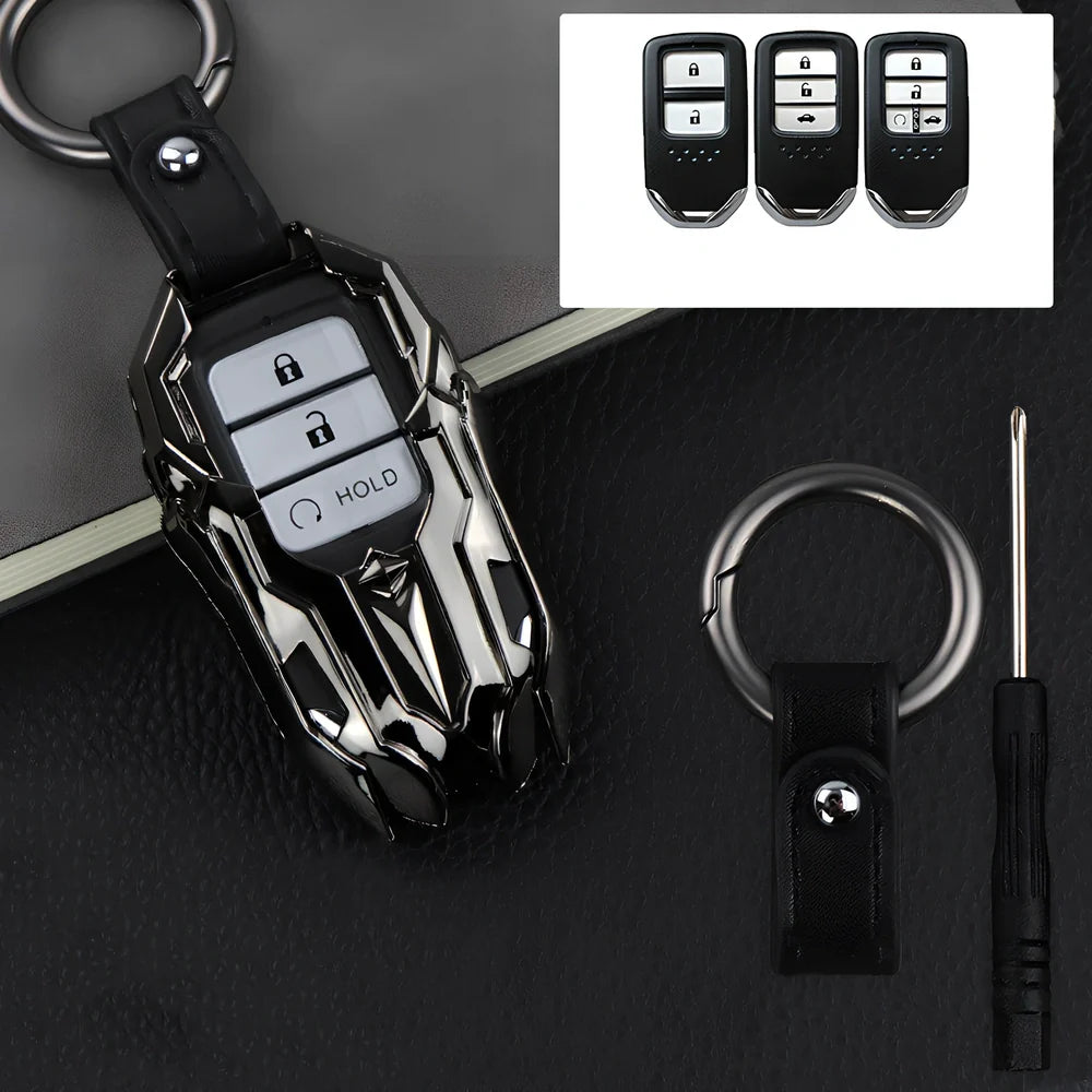 Black zinc alloy car key cover, 6 cm long, protecting fob from fading with signal-safe design