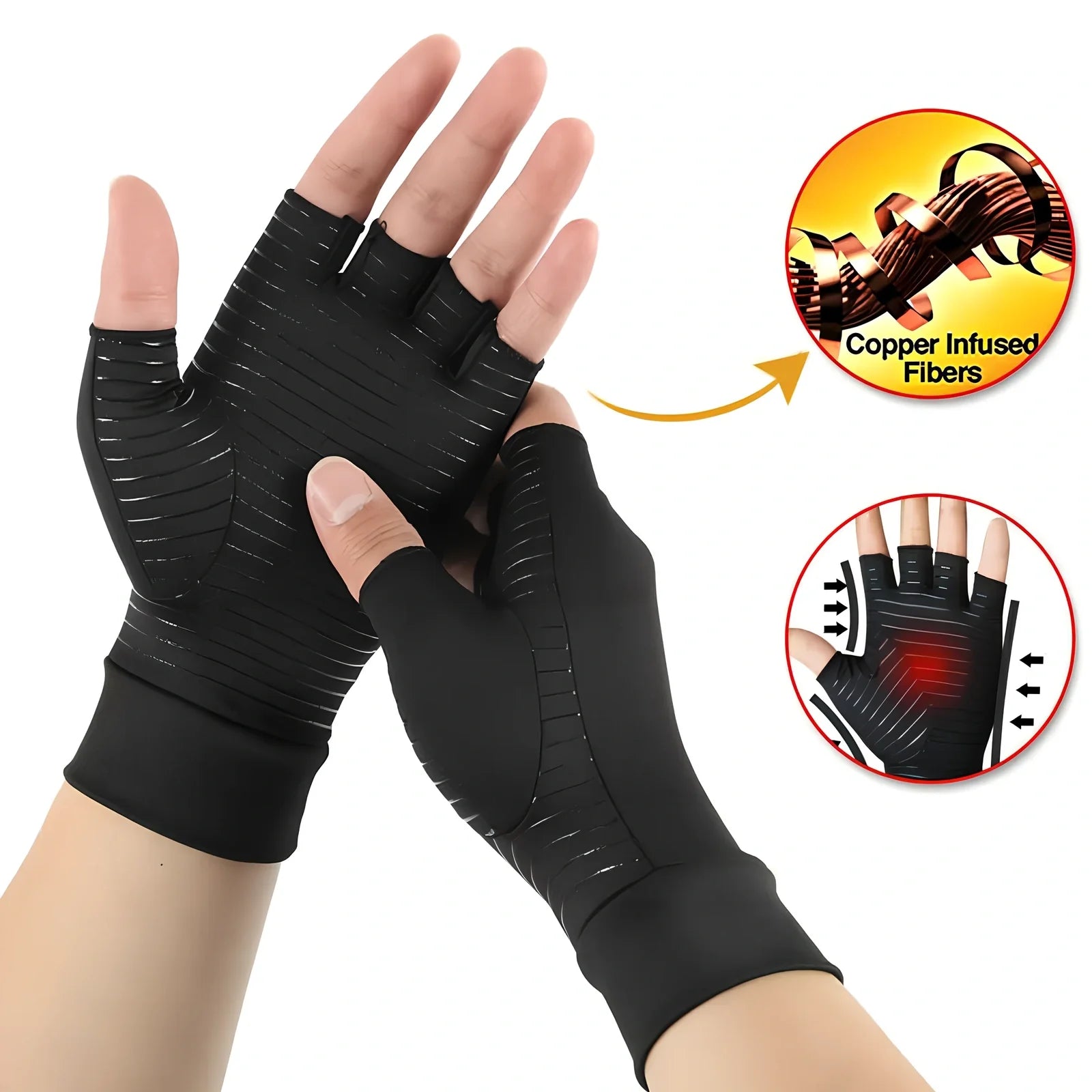 Black full-finger arthritis pressure gloves with silicone grip, sizes S M L for hand pain relief and circulation