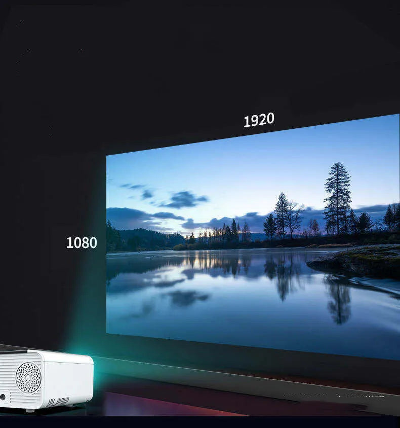 Pearl white Android smart HD micro projector on desk with projected screen 220-124cm