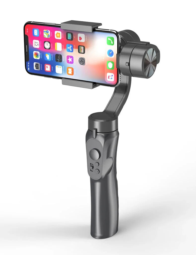 Handheld 3-axis gimbal stabilizer for iPhone in black, showing compact design and adjustable features