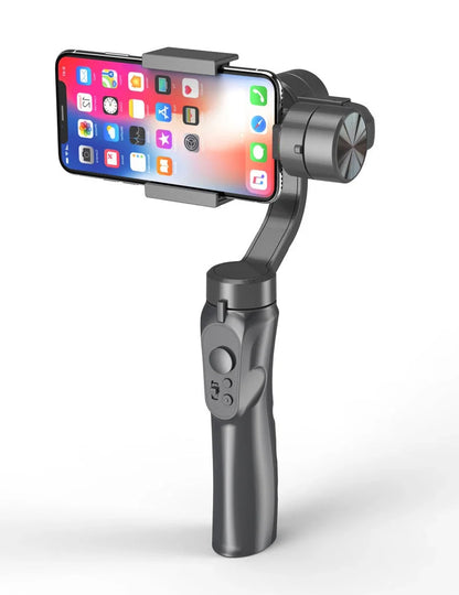 Handheld 3-axis gimbal stabilizer for iPhone in black, showing compact design and adjustable features