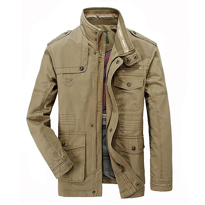 Men's cotton stand collar zip jacket in army green, plain design, loose fit for spring autumn
