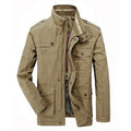 Men's cotton stand collar zip jacket in army green, plain design, loose fit for spring autumn