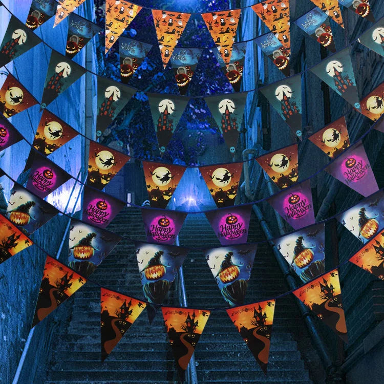 Vibrant Halloween paper bunting with ghosts, pumpkins, and witches for Kiwi celebrations and parties