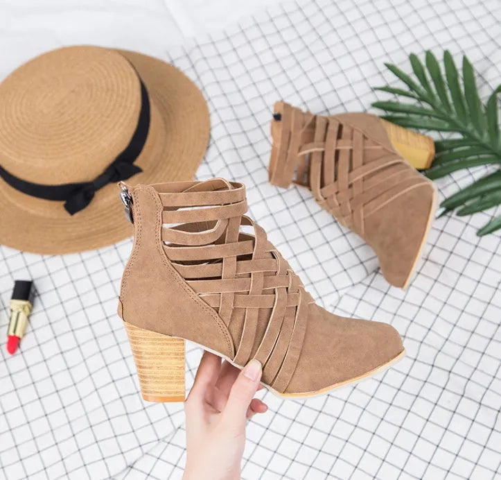 Women's pointed thick heel hollow short boots in suede with back zipper, available in camel colour
