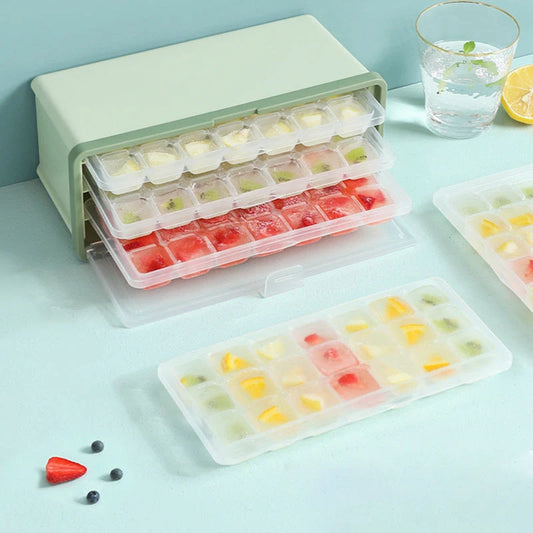 Drawer-type plastic ice cube mold maker with lid and storage bin for easy ice cube making and storage