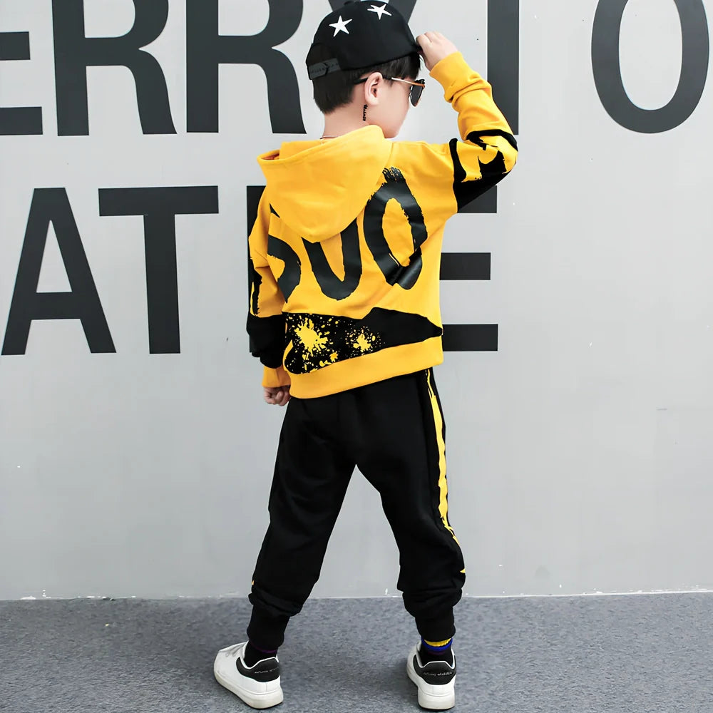 Boy's black hooded cotton sports suit two sets, long sleeve pullover top and trousers, 95% cotton for ages 8+