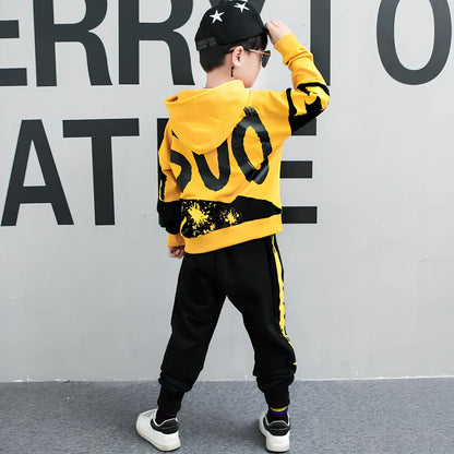 Boy's black hooded cotton sports suit two sets, long sleeve pullover top and trousers, 95% cotton for ages 8+