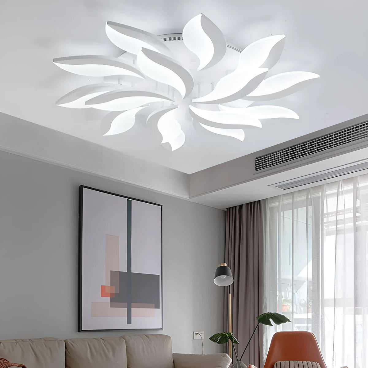 Viere modern acrylic ceiling light with alien-shaped lampshade, tri-color dimmable LED, 12-head configuration, 90x12 cm