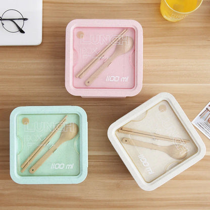 Japanese-style student bento box with silicone seal, microwave-safe, includes spoon and chopsticks