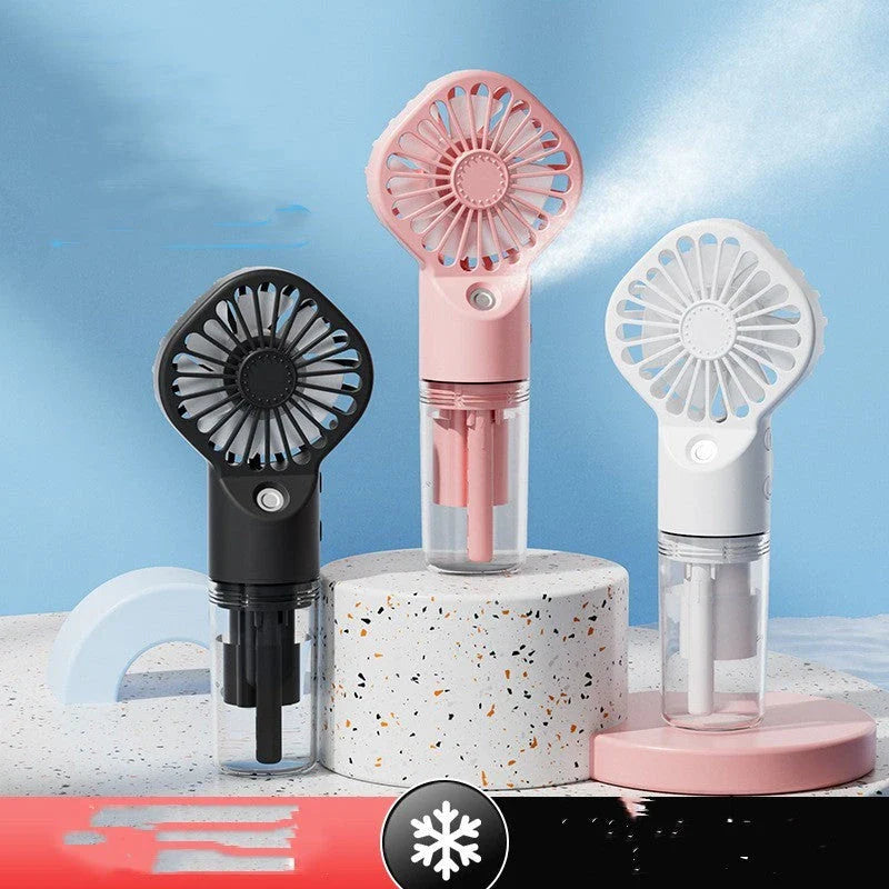 Powerful mini fan with mist humidification feature, delivering icy-cool, hydrating airflow for refreshing comfort