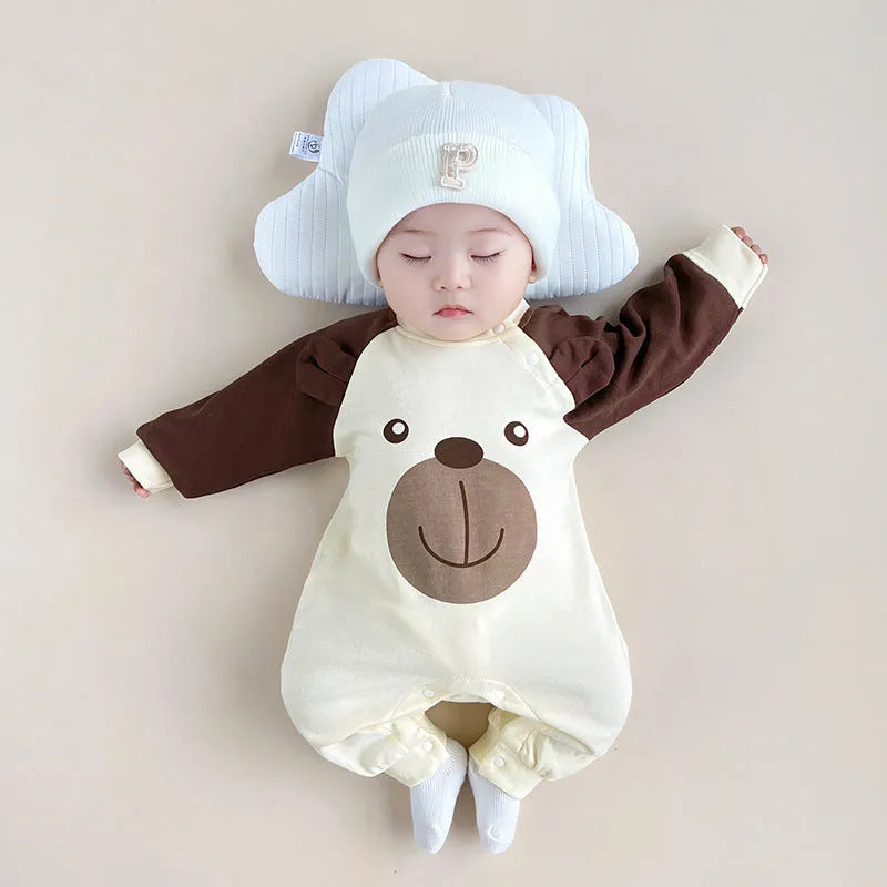 Cotton long sleeve baby jumpsuit in size 73cm with fun print, neutral unisex design for spring autumn