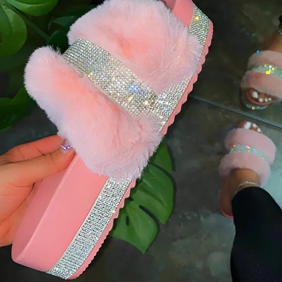 Women bling fluffy slippers with rhinestone hollow design, platform wedge heel, and non-slip rubber sole