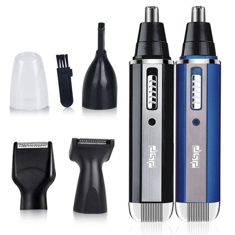 Rechargeable electric shaver grooming kit in black, with multiple trimming attachments laid out.