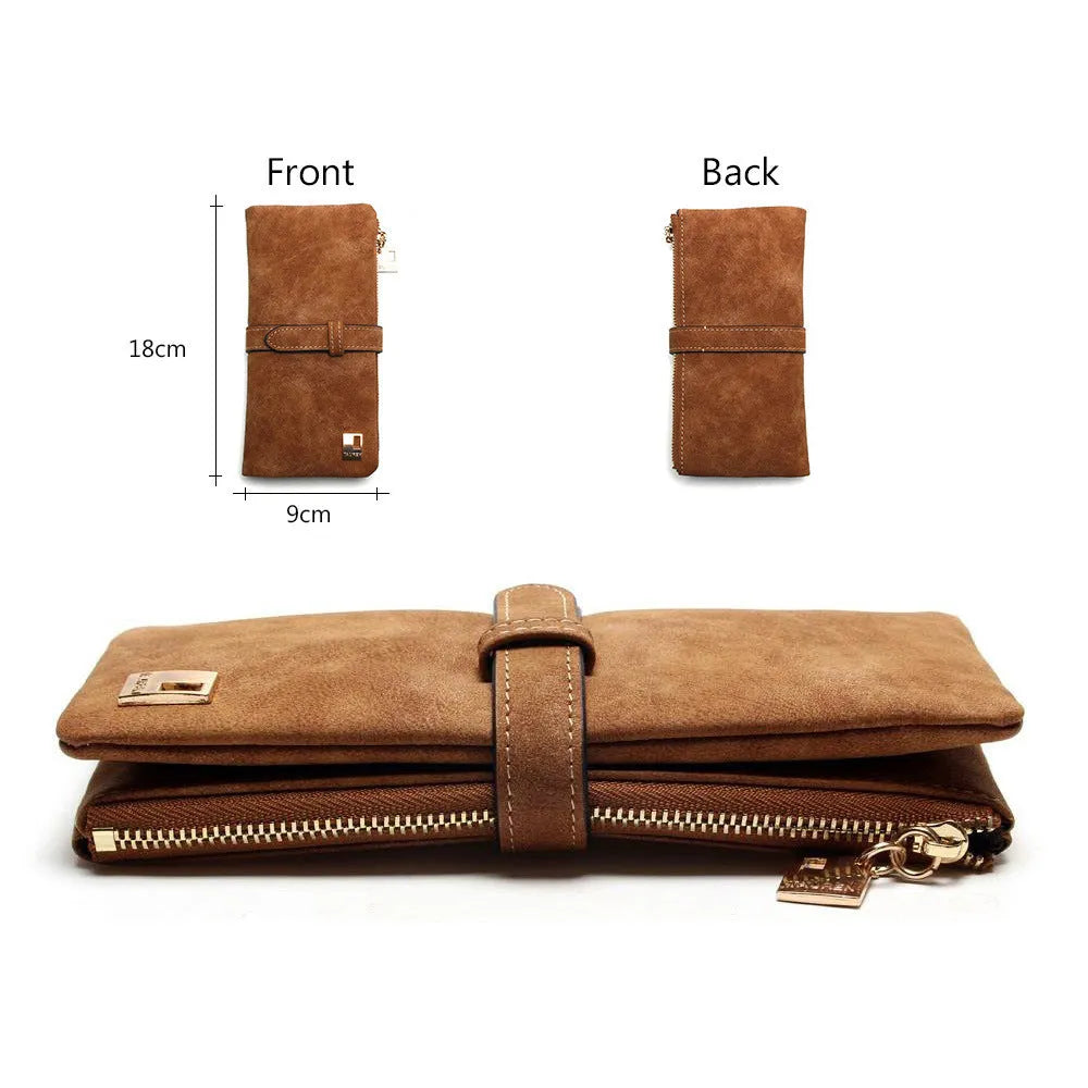 Long matte PU leather wallet for women in vintage colours with zip closure and card slots