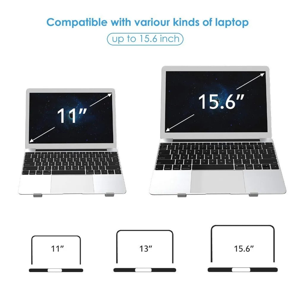 Aluminium laptop stand in black or silver, showing its 26 cm wide bracket design.