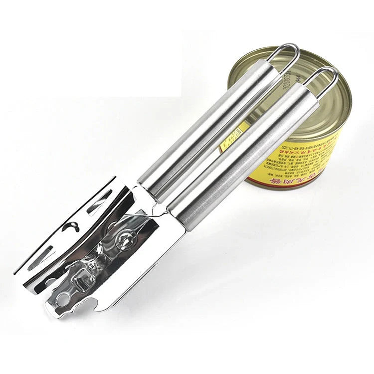 Stainless steel can opener with universal packaging options for easy kitchen use